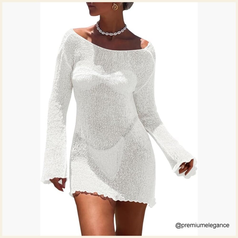 Long Sleeve Sheer Mesh Mini Dress Backless Tie Cover Up Medium